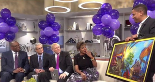 Artist Terrence Osborne, right, presents an original painting to WWL-TV anchor Sally-Ann Roberts to mark her retirement, a gift from station executives. (Screengrab via WWL-TV)